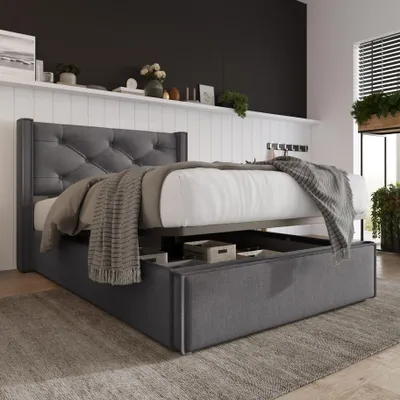 Image de MODFU Lit coffre 90x200 cm - Design capitonné et sommier en métal - Sans Matelas - Gris