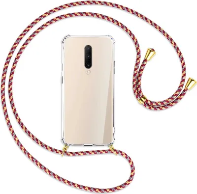 Produktbild von Handykette Backcover-Schutzhülle mit Band (Metall goldfarben) für OnePlus 7 Pro - weinrot/gelb/grau