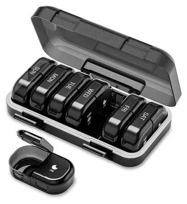 Produktbild von Tablettenbox für 7 Tage, 2x täglich, 14 Fächer, feuchtigkeitsbeständig, Schwarz