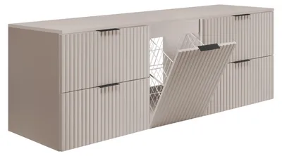Image de Meuble sous-vasque suspendu avec panier à linge, en bois de chêne clair finition "kaschmir", poignées dorées, dimensions : 160 x 46 x 57 cm, Image générée par une IA