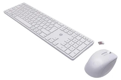 A white wireless keyboard and mouse set with a USB receiver, displayed on a white background.