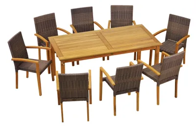 Produktbild von Garten-Essgruppen Exklusive Teak Sitzgruppe aus 8 Stapelstühlen und 1 Tisch 180 x 90 cm Teak-Gartenmöbel Set mit modernem Materialmix
