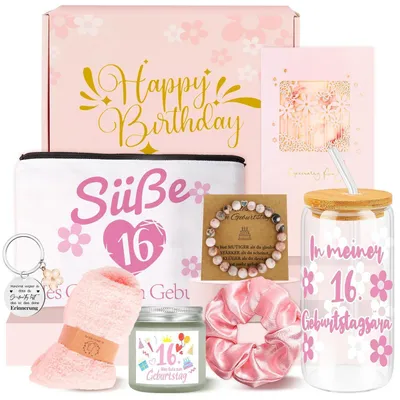 Immagine prodotto di Set regalo per la festa di 16 anni, composto da 8 articoli: tazza, braccialetto, pochette per cosmetici, candela profumata, calzini, portachiavi, elastico per capelli e biglietto