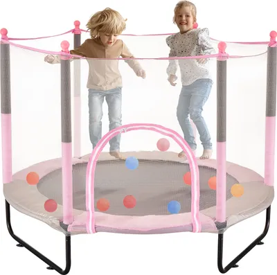 Produktbild von SucceBuy 60" Kindertrampolin, 5 Fuß Indoor/Outdoor Minitrampolin mit Sicherheitsnetz und Basketballkorb, für Kinder ab 3 Jahren, Rosa