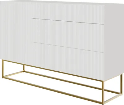 Produktbild von Selsey VELDIO - Sideboard Kombikommode mit 3 Schubladen, Weiß mit goldenem Metallgestell, 140 cm breit