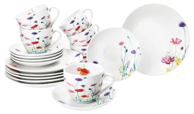 Produktbild von 18tlg Kaffeeservice Marie Porzellan 6 Personen Tassen Untertassen Teller Blumen
