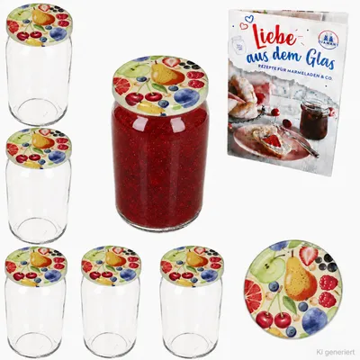 Produktbild von 6er Set Sturzglas 720ml Einmachglas Comic-Obst Deckel Rezeptheft