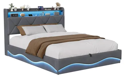 Image de Lit rembourré 160 x 200 cm - Lit double - Éclairage LED - Prises USB et Type-C - Coffre de rangement - Sommier à lattes - Velours gris