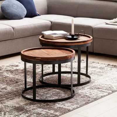 Produktbild von FineBuy Couchtisch 2er Set Sheesham Massivholz rund Wohnzimmertisch Set mit schwarzem Metallgestell Handgefertigte Massivholztische Industrial Design
