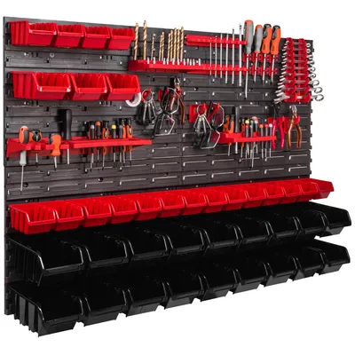 Image de Panneau d'outils mural 115x78 cm avec 39 pcs. Boîtes de suspension avec jeu de supports en plastique