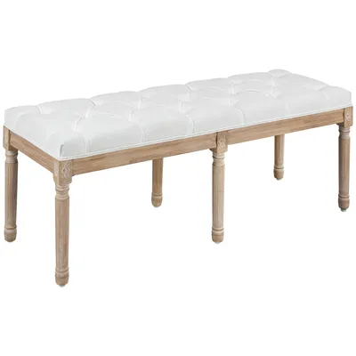 Image de HOMCOM Banc bout de lit banquette capitonnée style vintage français rembourrage épais revêtement tissu aspect lin pieds en bois massif crème
