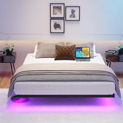 Produktbild von 120x200 mit Schwebebett Bettgestell, LED Beleuchtung und Ladestation Bettrahmen, Metallbett mit Lattenrost Robust und Stabil, Leichte Montage, Schwarzer