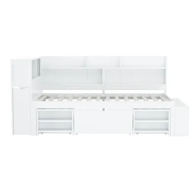 Produktbild von Merax Kinderbett 90x200 mit Schubladen, Bücherregal und Stauschrank, Einzelbett mit Lattenrost und Stauraum, multifunktionales Holzbett Weiß