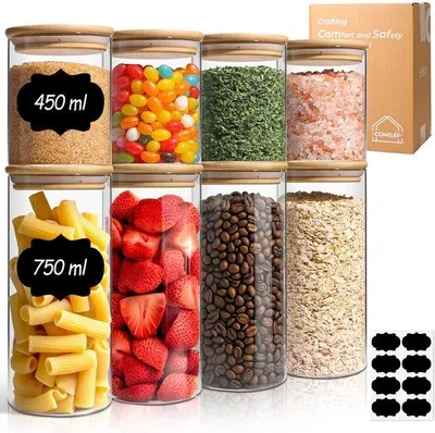Produktbild von Glasen Vorratsbehälter mit Holzdeckeln, 8-teilig, 400 ml × 4 & 750 ml × 4