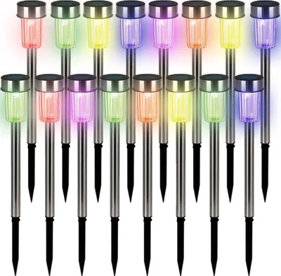 Produktbild von DEUBA® Solarlampe für Außen 16er Set LED Wetterfest IP44 Dämmerungssensor Erdspieß Farbwechsel Bunt Edelstahl Solar Garten Leuchte Balkon Deko