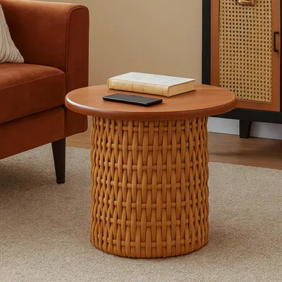 Immagine prodotto di Tavolino HWC-P15, tavolino da divano/caffè tavolino da salotto tavolino per piante tavolino, legno mogano rattan rotondo Ø44cm