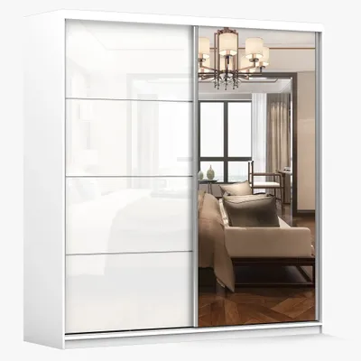 Image de Armoire à portes coulissantes Armoire 203 cm blanc/blanc semi-brillant avec miroir et moulures Pola 35
