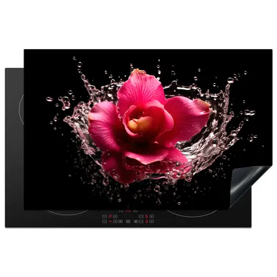 Produktbild von KitchenYeah© Herdabdeckplatte Blumen - Rosa - Wasser - Schwarz - Botanisch - Natur , 80x52cm, Küche Deko, Glaskeramikkochfeld Herdabdeckung, Abdeckplatte fùr Kochfeld
