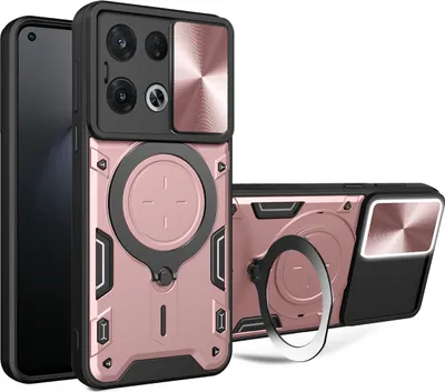 Produktbild von Handyhülle für Oppo Reno8 Pro Dual-Layer Stoßfest Rüstung Hülle mit Dia Kameraschutz und Kreisförmig Ring Ständer Roségold