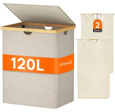 Image de Panier à linge double de 120 litres, avec couvercle et bacs amovibles