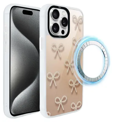 Zdjęcie produktu dla Etui do iPhone 15 Pro, kompatybilne z MagSafe, białe matowe boki, kokardki z pereł
