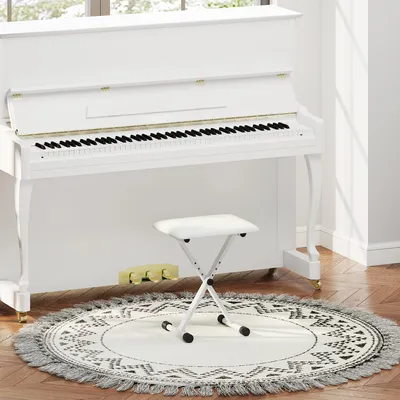 Zdjęcie produktu dla Składany taboret do pianina w kształcie litery X, z regulowaną wysokością, z siedziskiem z poliuretanu, wymiary 39x29x37-47 cm, kolor biały