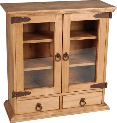 A wooden cabinet with glass doors and drawers.