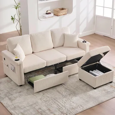Image de LVHOM Canapé d'angle modulable avec LED et USB, Canapé 3 places avec pouf et tiroirs, Canapé rembourré Tissu velours côtelé, Beige