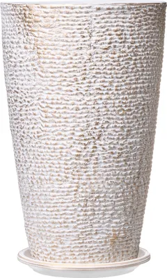 A tall, textured planter pot with a matching saucer, presented against a white background.