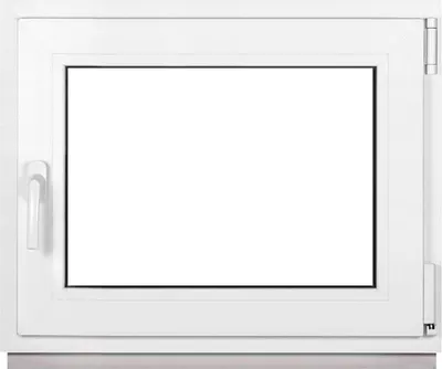 A white window frame with a clear glass pane, set against a white background.