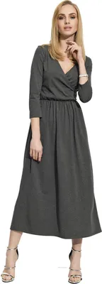 Produktbild von Damen Mittellanges Wickelkleid Raffungen V-Ausschnitt 3/4 Ärmel; Grafit/S (36)