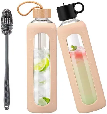 Productafbeelding van 1 Liter Glazen Waterfles met 2 Deksels en Tijdmarkering
