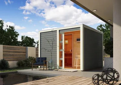 Image de Cabine de sauna Karibu, sauna d'extérieur, sauna de jardin, modèle Cuben, finition gris terre, poêle 9 kW,externe Easy 38 mm, bois massif, 276 x 276 x 210 cm