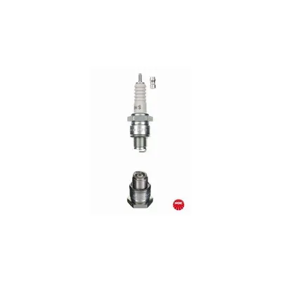 A spark plug and its components are displayed against a white background.