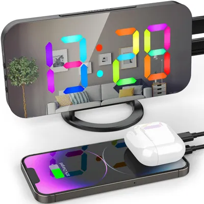 Obrázok produktu pre Digitálny budík s dynamickým RGB osvetlením, nastaviteľnou jasnosťou, nastaviteľnou funkciou odloženia budenia, USB portom na nabíjanie, zrkadlovými hodinami, 12 hodín/24 hodín, pre spálňu, domácu kanceláriu, montáž na stenu