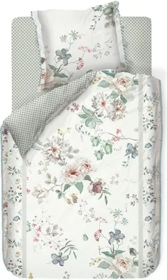 A flat lay of a duvet cover and pillowcase set with a floral pattern.