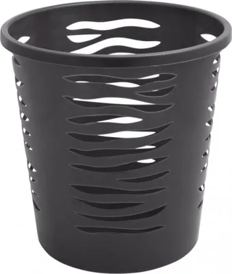 A black waste bin with a decorative cut-out pattern.