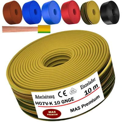 Image de Câble d'alimentation de 10 mètres, type H07 V-K, couleur vert-jaune, section 1x10 mm², monoconducteur, flexible