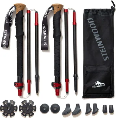 A set of trekking poles and accessories laid out on a white background.