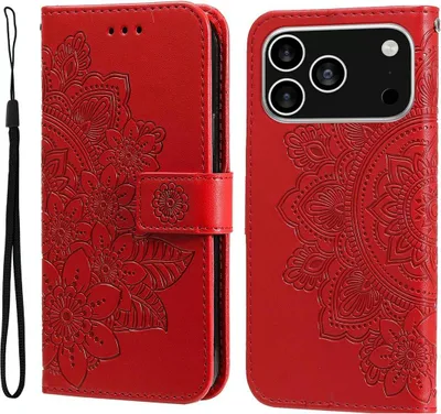 Produktbild von Mobigear Flowers iPhone 17 Pro Hülle Klapphülle Geldbörse - Rot