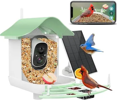 Obrázek produktu pro Automatická krmítka pro ptáky s kamerou, identifikace druhů pomocí umělé inteligence, živý přenos videa v rozlišení 2K HD, ideální dárek pro milovníky ptáků (zelená)