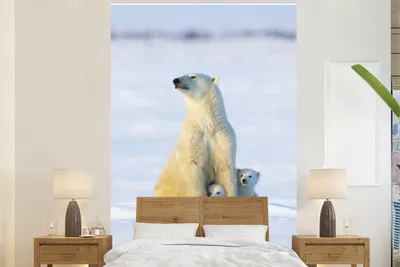 Produktbild von MuchoWow® Fototapete für Wohnzimmer oder Schlafzimmer Wandtapete Vinyl Motivtapete Eisbär - Schnee - Jungtiere - 170x260 cm - Wohnzimmertapete