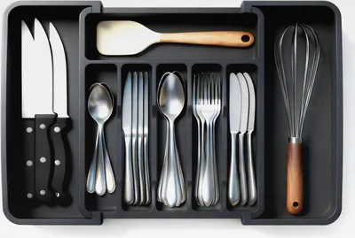 Produktbild von Besteckkasten für Schubladen, Schubladen Organizer verstellbare Besteckschublade, ausziehbarer Besteckkasten für die Küche, rutschfest, flexible Größe, Schwarz