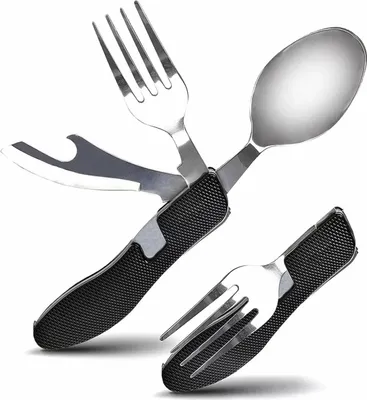 A multi-tool camping cutlery set with a fork, spoon, knife, and bottle opener, displayed against a white background.