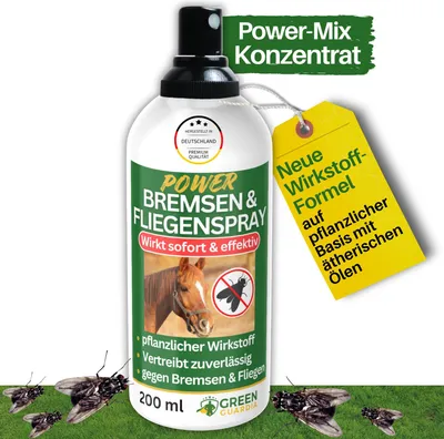Produktbild von Fliegen & Bremsen Abwehrspray Power-Konzentrat 200 ml - Insektenspray für Pferde, Stall & Weide, Fliegenspray Pferd, Anti Fliegen, Bremsen Spray Pferd