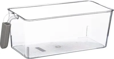 A clear, empty storage container with a handle.
