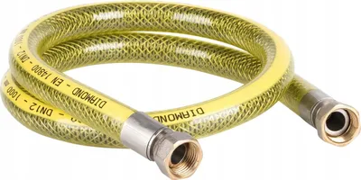 A coiled yellow flexible gas hose with metal fittings on both ends, shown against a white background.