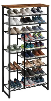 Immagine prodotto di Relaxdays, scaffale per scarpe in stile industriale, 10 ripiani, dimensioni 172,5 x 75 x 30 cm, porta scarpe, ripiani con finitura effetto legno, metallo, nero/marrone