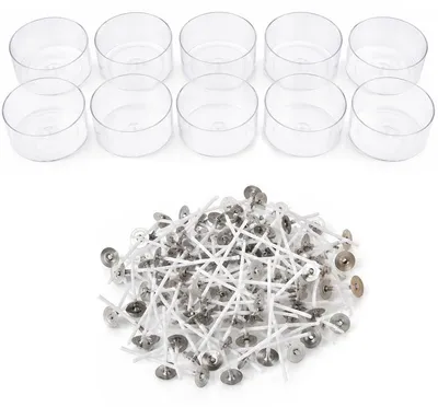 Produktbild von Kerzen selber machen Set 110-teilig, 100 Dochte, 10 transparente Kunststoffbehälter & 10 Dochtplättchen, DIY Kerzenherstellung