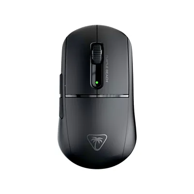 A black wireless gaming mouse is shown from a top-down perspective against a white background.